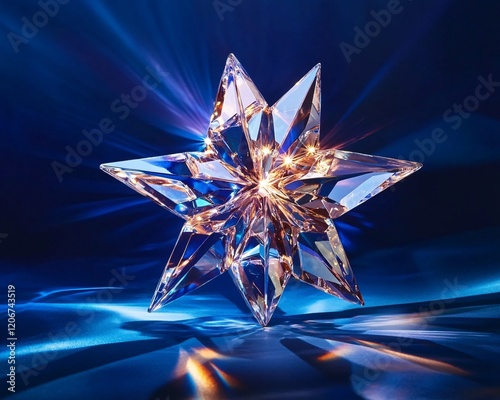 Sparkling Crystal Star on Blue Background with Light Reflections