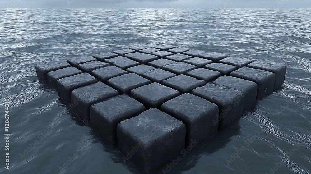 Fototapeta premium Dark stone blocks floating on a calm sea