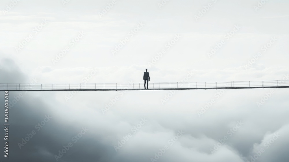 Solitary figure on a high suspension bridge above clouds. Solitary figure on a high suspension bridge above clouds.
