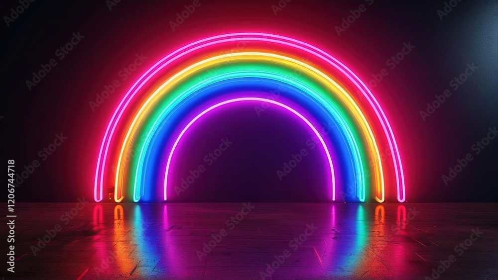 Neon rainbow arch, dark studio, reflective floor, vibrant colors, LGBTQ+ pride