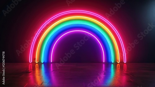 Neon rainbow arch, dark studio, reflective floor, vibrant colors, LGBTQ+ pride