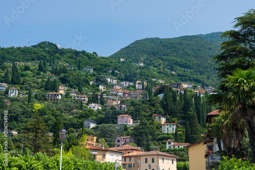 Traditional Italian hilltop homes and villas along Lake Como, Italy