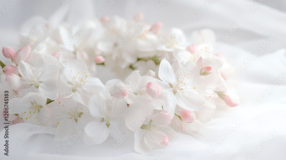 Delicate White Blossom Wreath on Soft Fabric Delicate White Blossom Wreath on Soft Fabric