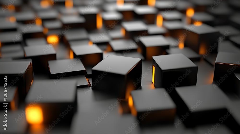 Fototapeta premium Abstract Black Cubes Glowing Orange Lights