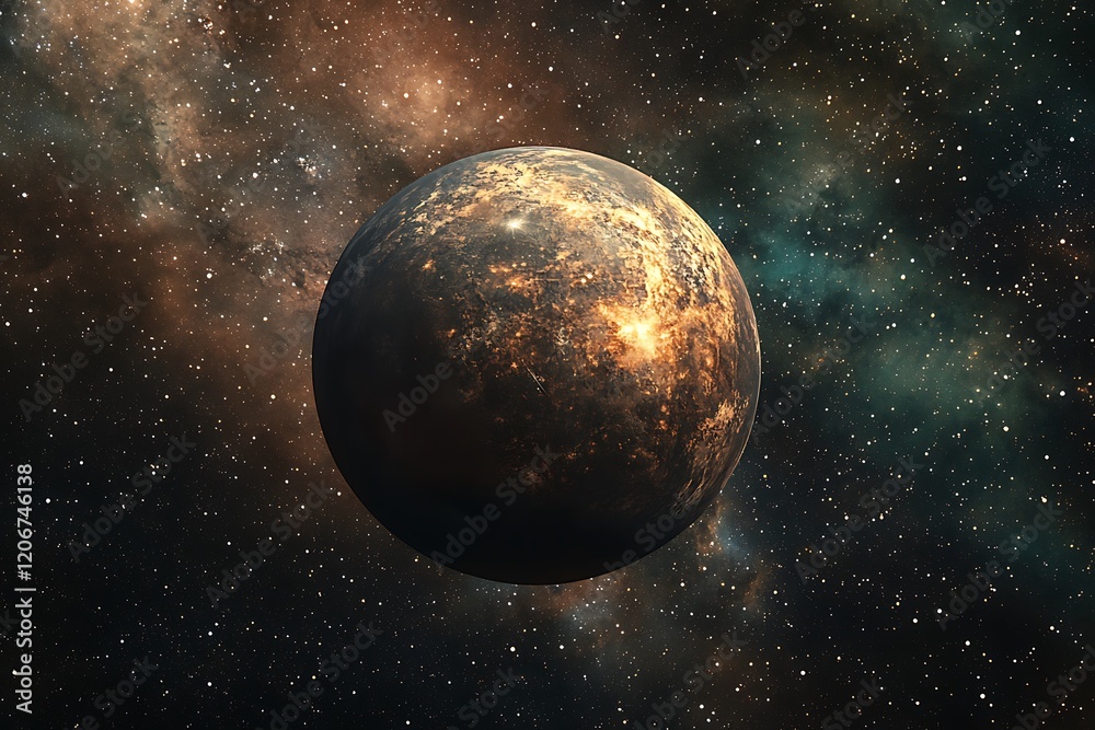 Obraz premium A distant planet surrounded by a starry cosmic background.