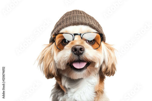 Shih tzu wearing retro glasses and a beanie hat isolated on white or transparent PNG photo