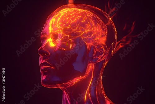 A brain with red glowing veins and a red skull