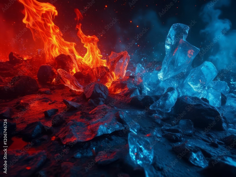 Fototapeta premium Fiery Inferno Meets Glacial Ice Crystals Amidst Dark Rocks