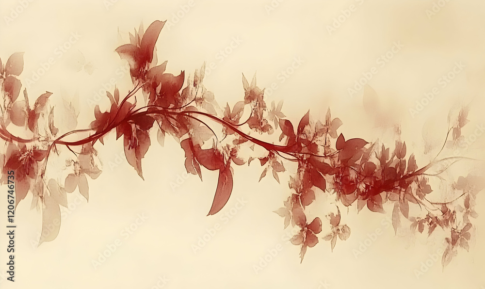 Red floral vine, soft background, elegant design, wall art Red floral vine, soft background, elegant design, wall art