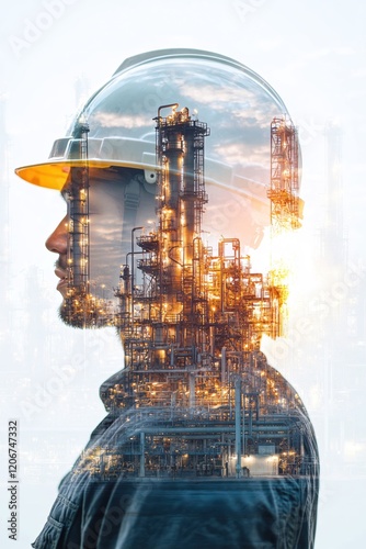 Industrial Worker Profile Double Exposure Refinery Scene