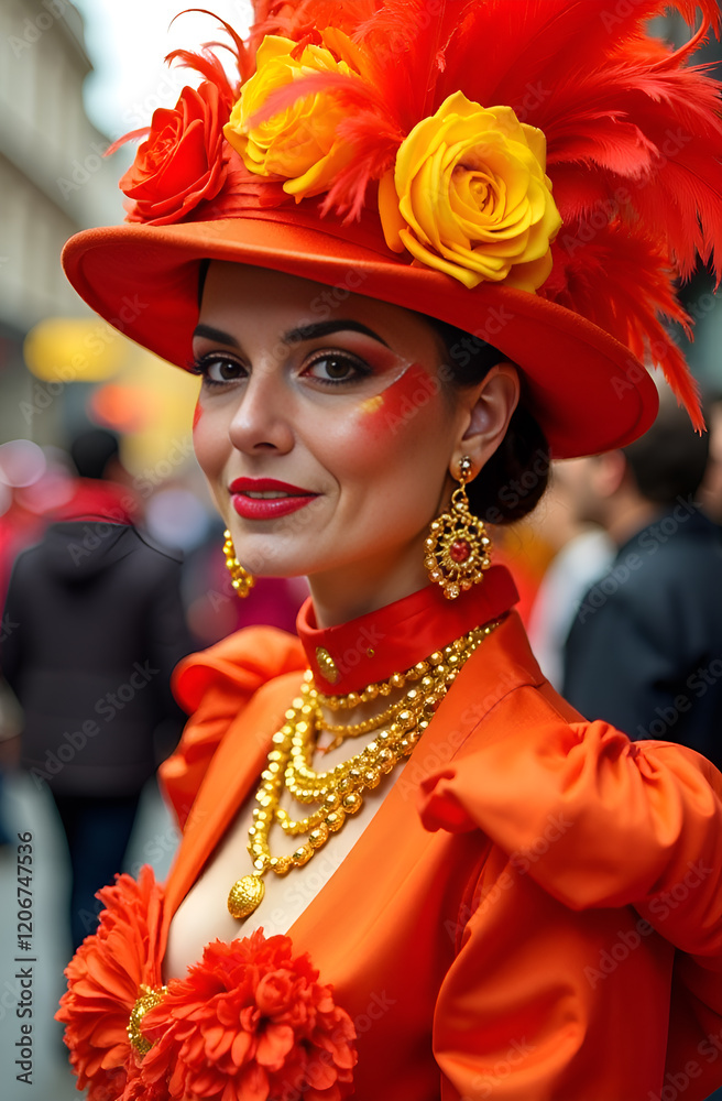 A captivating model in a vibrant carnival outfit showcasing fantastic hues and an exuberant festive spirit. Vibrant Carnival Attire Featuring a Floral Hat and a Bright and Cheerful Orange Ensemble