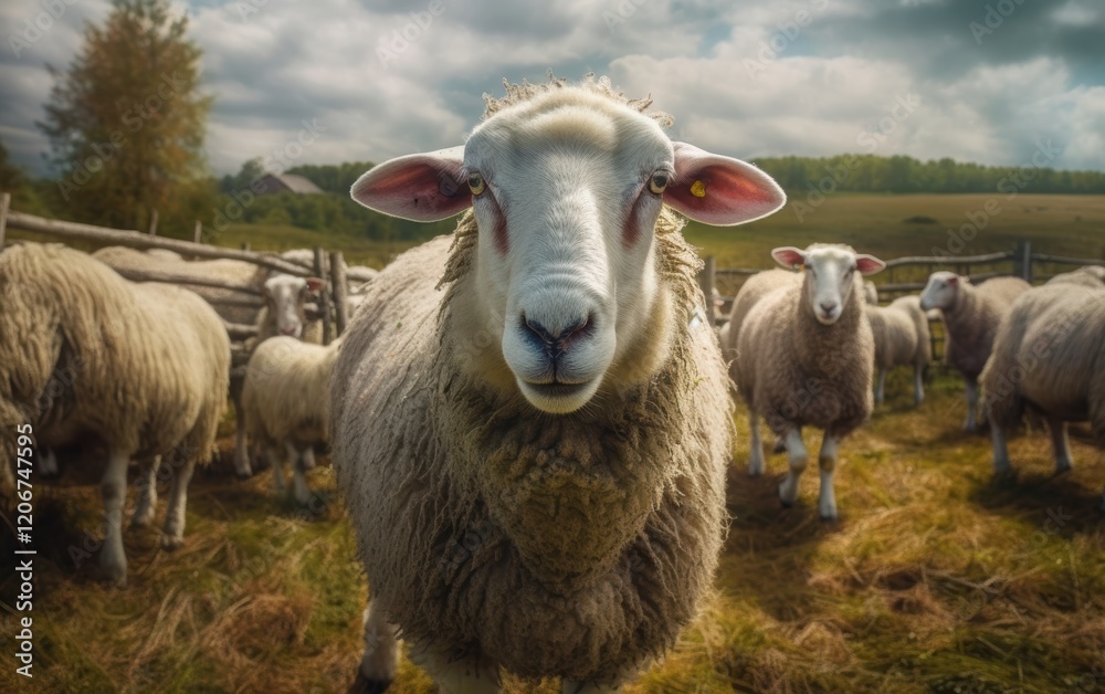 Obraz premium Curious Sheep in a Field