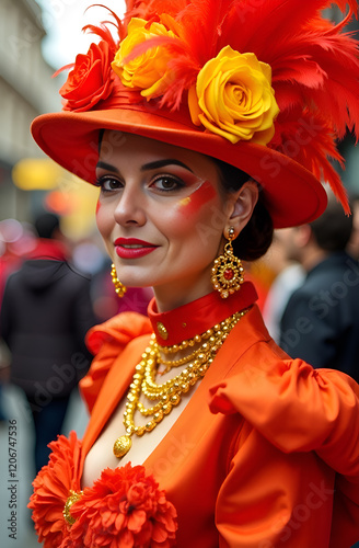 Obraz na płótnie A captivating model in a vibrant carnival outfit showcasing fantastic hues and an exuberant festive spirit. Vibrant Carnival Attire Featuring a Floral Hat and a Bright and Cheerful Orange Ensemble w salonie