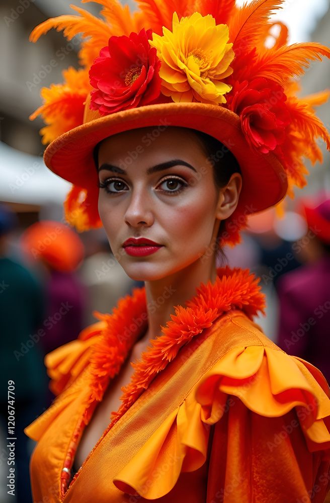 A captivating model in a vibrant carnival outfit showcasing fantastic hues and an exuberant festive spirit. Vibrant Carnival Attire Featuring a Floral Hat and a Bright and Cheerful Orange Ensemble