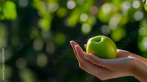 Woman's hands holding a green apple outdoors, sunlight bokeh background. Healthy eating concept photo