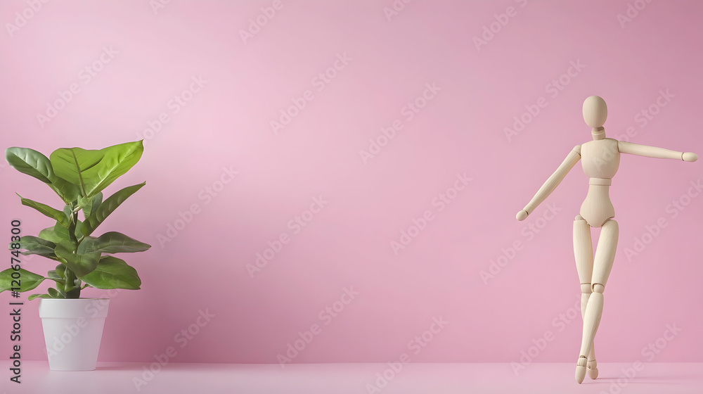 Wooden mannequin dancing, pink background, potted plant, minimalist interior design, product mockup Wooden mannequin dancing, pink background, potted plant, minimalist interior design, product mockup
