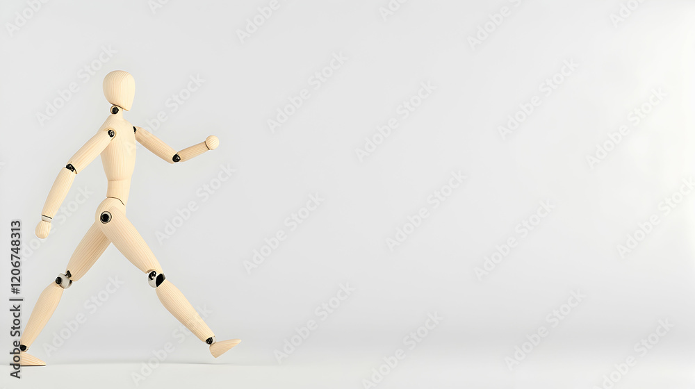 Wooden mannequin walking, studio shot, white background, copy space, health concept Wooden mannequin walking, studio shot, white background, copy space, health concept