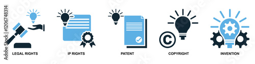 Collection of intellect property icons in vector format showcasing symbols like brain, light bulb, gears and patents. Ideal for education, innovation and intellectual themes.
