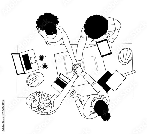 Diverse business team of young architect engineers and designers stacking their hands above the desk with laptop computers and blueprint construction project. Outline sketch drawing top view isolated