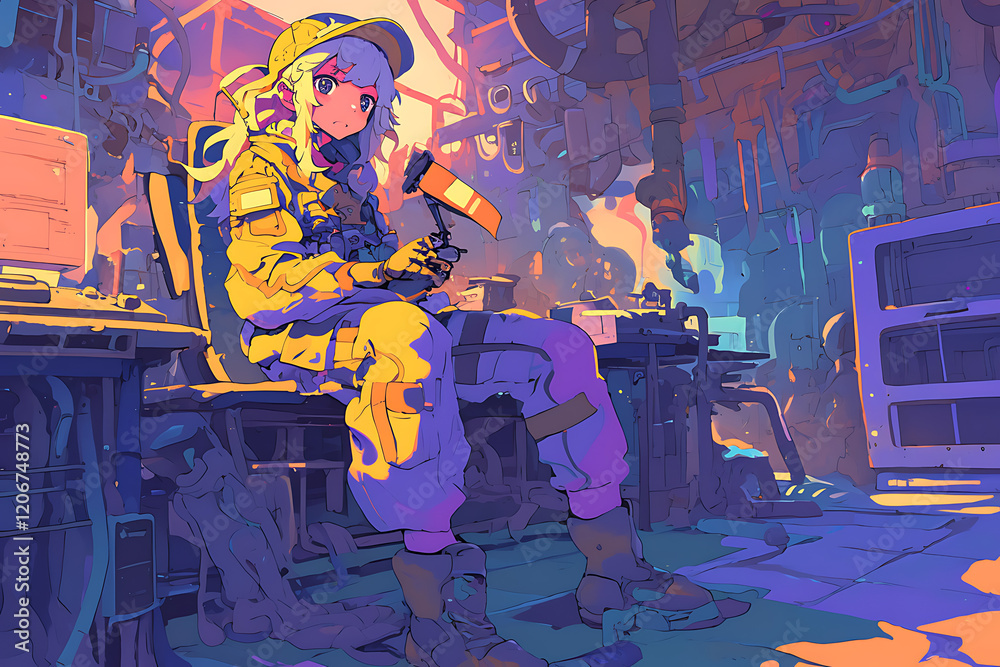Fototapeta premium A futuristic engineer in a vibrant workshop, surrounded by tools and glowing machinery, focused on a device