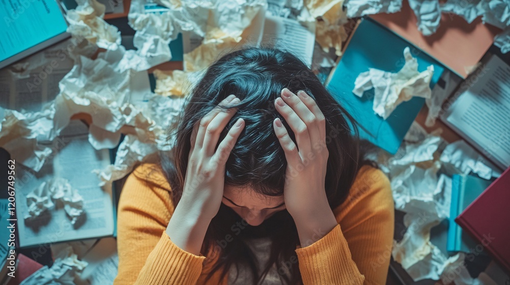 Obraz premium Overwhelmed Woman Surrounded by Crumpled Papers and Books