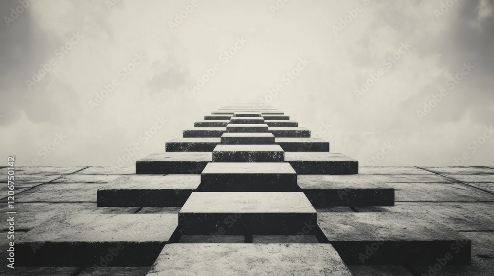 Obraz premium Monochrome stairway ascending to cloudy sky.