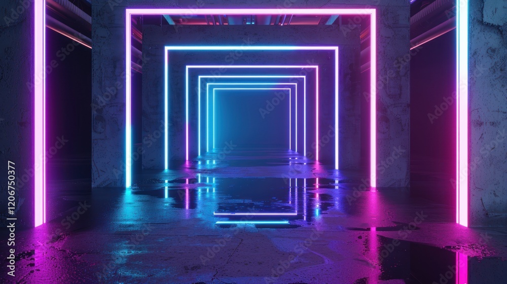 Neon corridor reflecting in wet concrete floor Neon corridor reflecting in wet concrete floor
