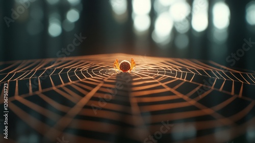 Enchanting Autumn Aesthetics Spider Web Symmetry with Soft Backlight Save a Spider Day and Halloween Decor for Eco-Friendly Marketing photo