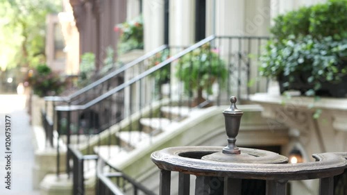 New York City townhouse building, Brooklyn Heights residential district, USA. Brownstone urban architecture, attached house. United States real estate, american property, apartments and homes in NYC.