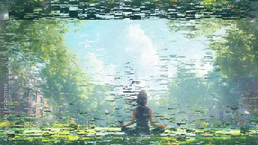 Outdoor yoga on the university lawn brings relaxation and tranquility. glitch stream overlay seamless loop Vtuber streamer asset twitch zoom OBS screen animated wallpaper virtual background