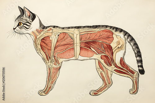 Anatomical illustration of a cat showcasing internal muscles and structure with detailed features photo