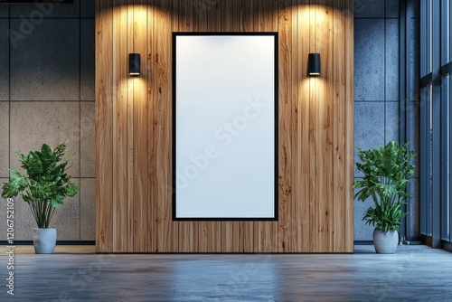 Wooden panel backdrop in an office lobby with blank digital signage glowing softly.