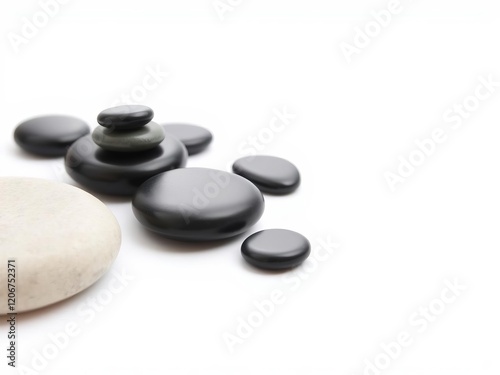 Smooth, round zen stones placed on a white background creating a tranquil and peaceful atmosphere, purity, relaxation, simplicity