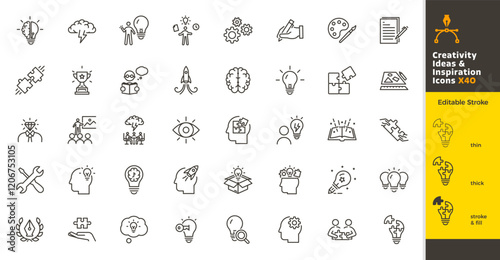Creativity, ideas and inspiration thin line icon set. Creative vector editable stroke illustrations for brainstorming, thinking and innovation.Elements such as puzzles, lightbulbs, brain, mind
