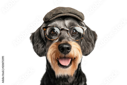 Schnauzer wearing oval glasses and a newsboy cap isolated on white or transparent PNG photo