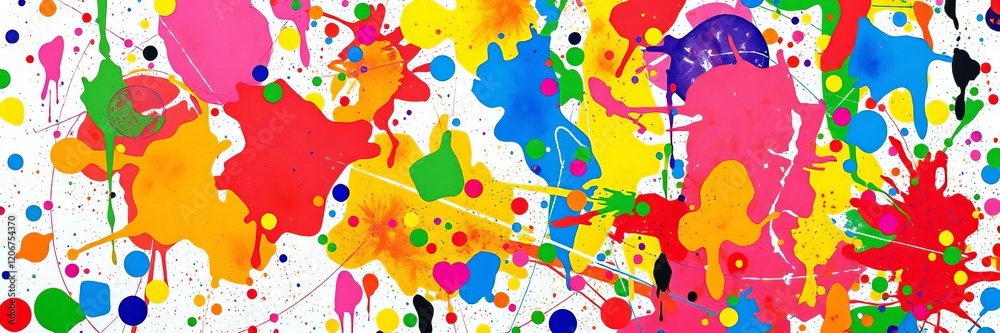 Fototapeta premium Vibrant multicolored paint splatter background with a central line of white dots, abstract, texture, splatter