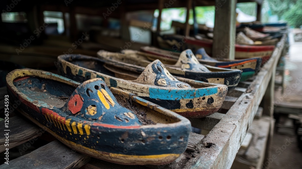 Obraz premium Vibrant Hand-Painted Wooden Clogs on Rustic Shelf