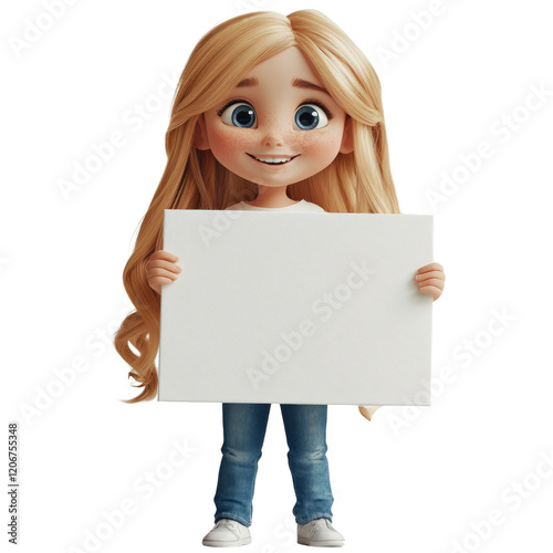 A cheerful cartoon girl with blonde hair holds a blank white sign, perfect for adding text or images. photo