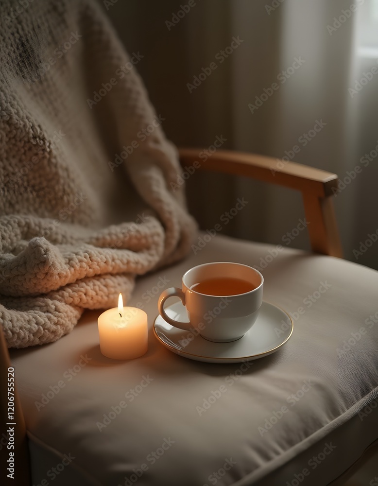 Cozy Autumn Evening Warm Tea Candlelight and Knit Blanket on Armchair Cozy Autumn Evening Warm Tea Candlelight and Knit Blanket on Armchair