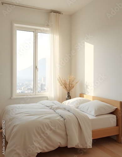 Modern Minimalist Bedroom Interior Design Sunlight Streaming Through Window Light Beige Bedding on