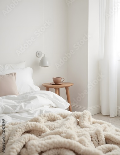 Serene Bedroom Interior Cozy White Bedding Cream Knit Throw and Minimalist Decor