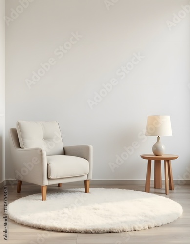 Modern Minimalist Living Room Interior Cream Armchair Fluffy Rug Wooden Side Table Lamp