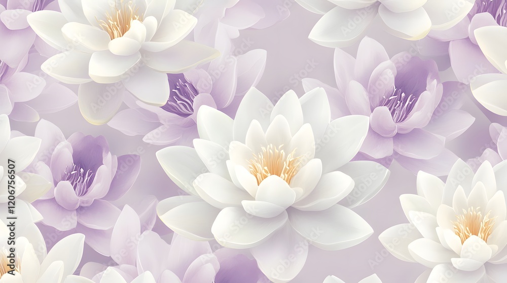 Fototapeta premium Delicate White and Lavender Water Lilies Floral Design