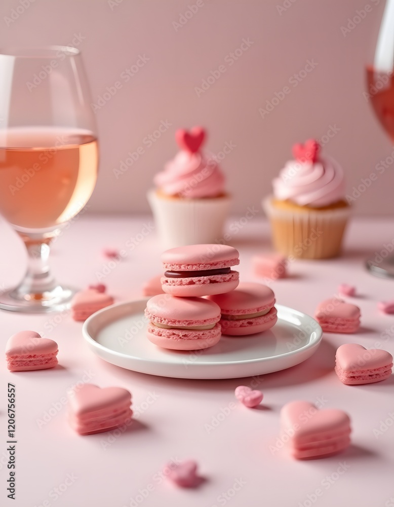 Delicious Pink Macarons and Cupcakes with Ros Wine for Valentine s Day