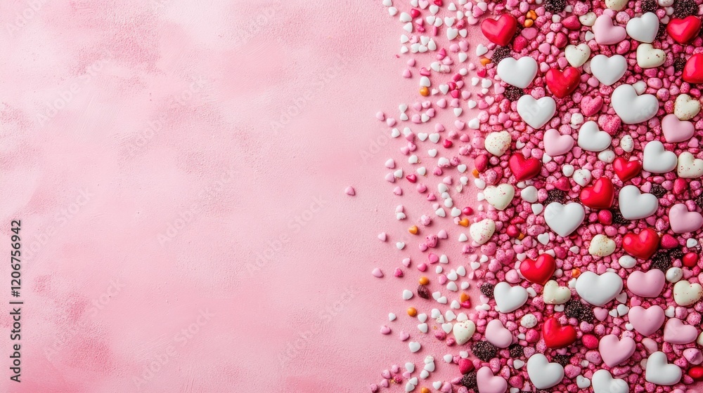 Obraz premium A Whimsical Border of Colorful Heart Candies on a Soft Pink Canvas Celebrating Love and Sweet Moments in Life's Special Occasions.