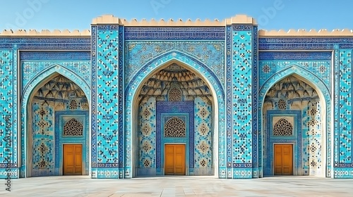 Ornate Turquoise Mosque Facade With Three Wooden Doors