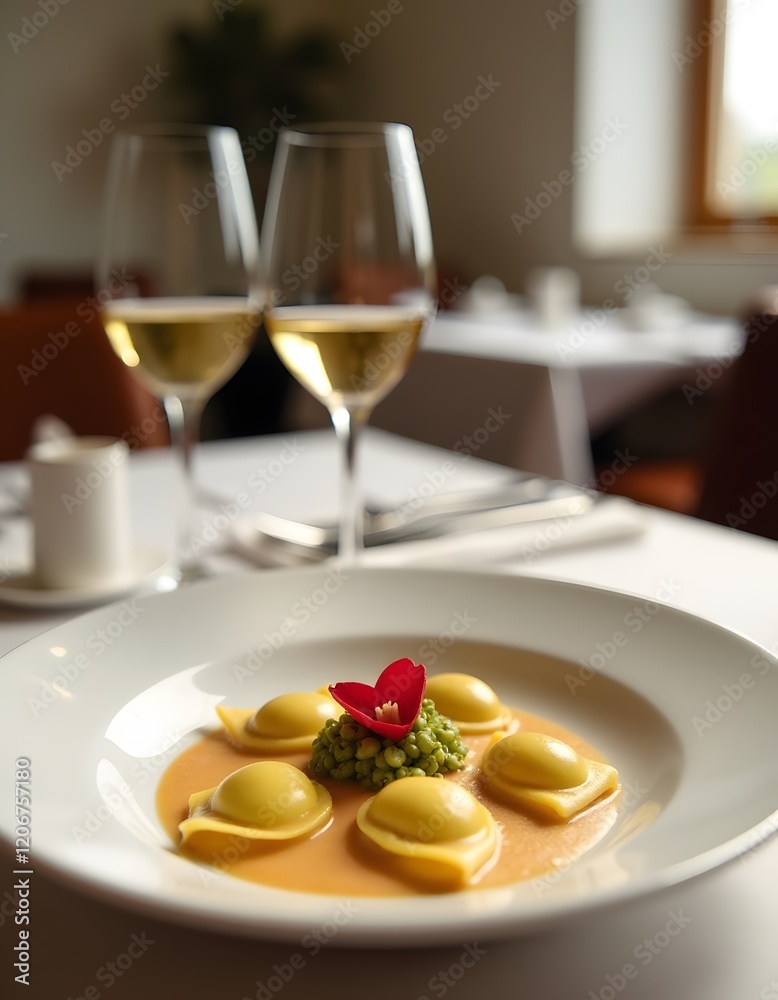 Gourmet Ravioli Dish with Pea Puree Elegant Restaurant Setting Gourmet Ravioli Dish with Pea Puree Elegant Restaurant Setting