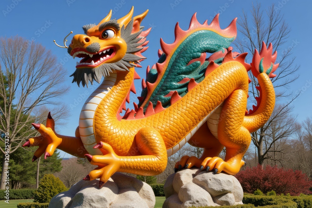 Fototapeta premium Large Orange Dragon Statue Outdoors on Rocks
