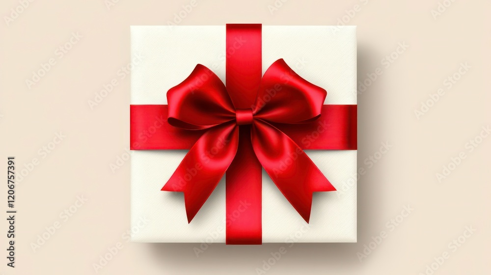 Square white gift box with a large red ribbon and bow on a light-colored background, viewed from above, emphasizing simplicity and elegance in presentation.