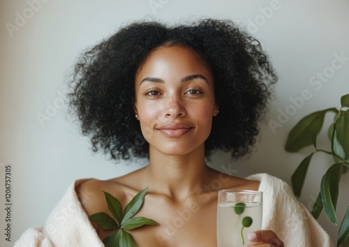 Serene Spring Hydration Smiling African American Woman with Water and Leafy Kidney Decor - World Kidney Day Health Awareness in Modern Medical Wellness Design photo